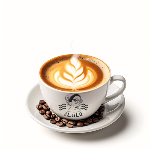 Un capuchino con arte latte en una taza blanca de Café Lulú sobre un platito con granos de café